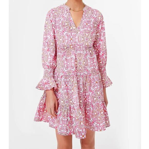 TUCKERNUCK Pomander Place Kenzo Mini Dress Pink Orange Block Print Women's S - Picture 1 of 15